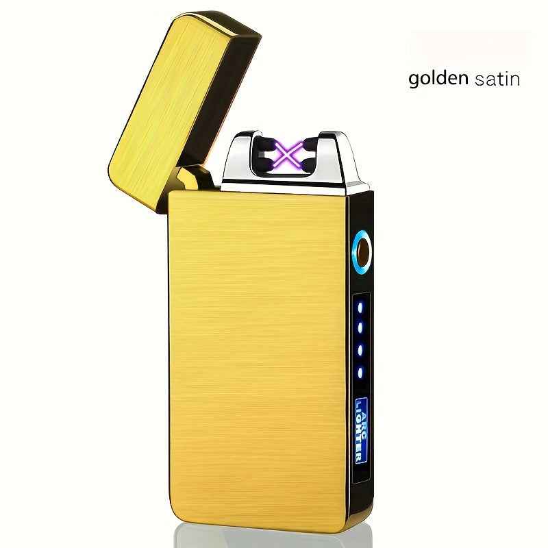 1pc Hot Electric Windproof Metal Lighter, Double Arc Flameless Plasma Rechargeable USB Lighter, LED Power Display Touch Sensor Lighter Christmas Gift
