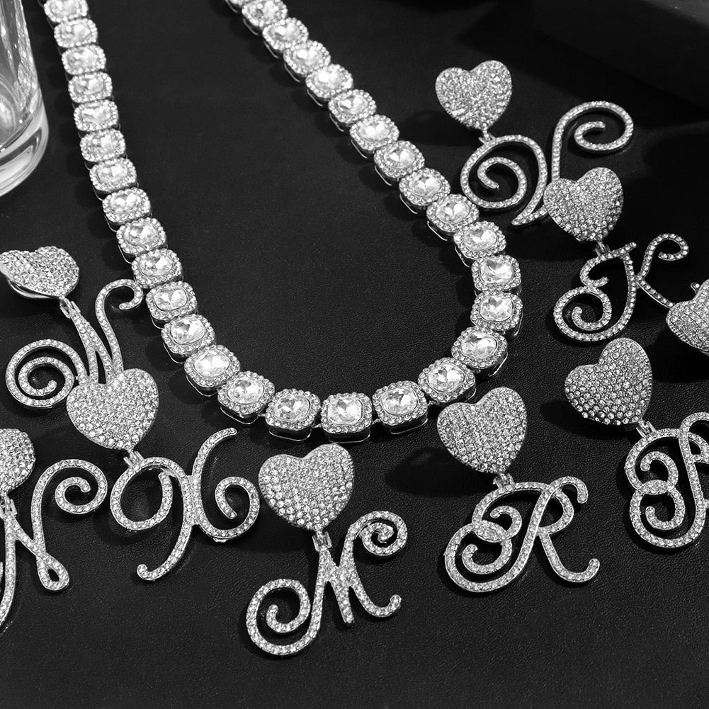 Cursive Letter Pendant Necklace - Elegant Micro Tennis Cluster Chain in Silver