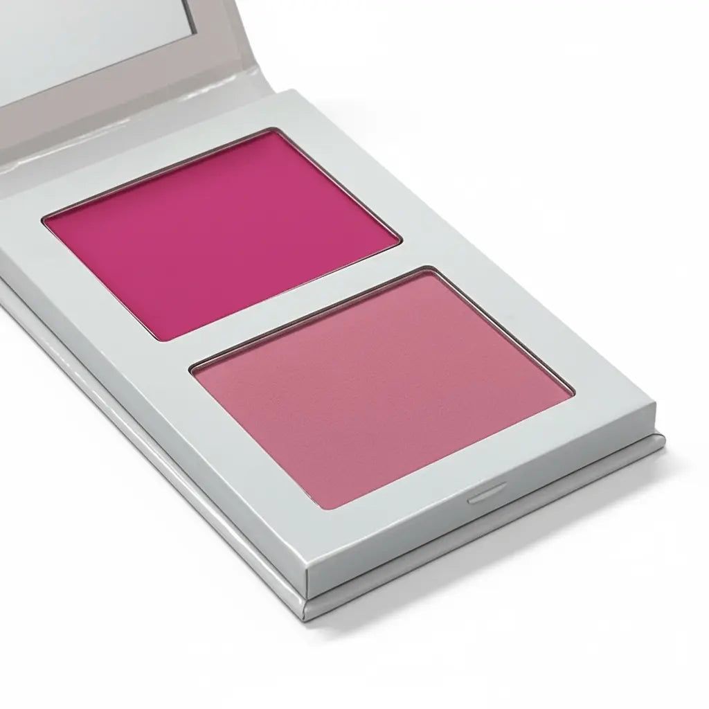 FencyGrace Blush Double Crémeux & Poudre with intense pigmentation, featuring a soft rose shade, vegan natural makeup.