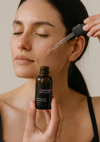 FencyGrace Collagen & Retinol Anti-Age Serum for firmness and glow, high-end vegan beauty product shown in a sleek bottle.