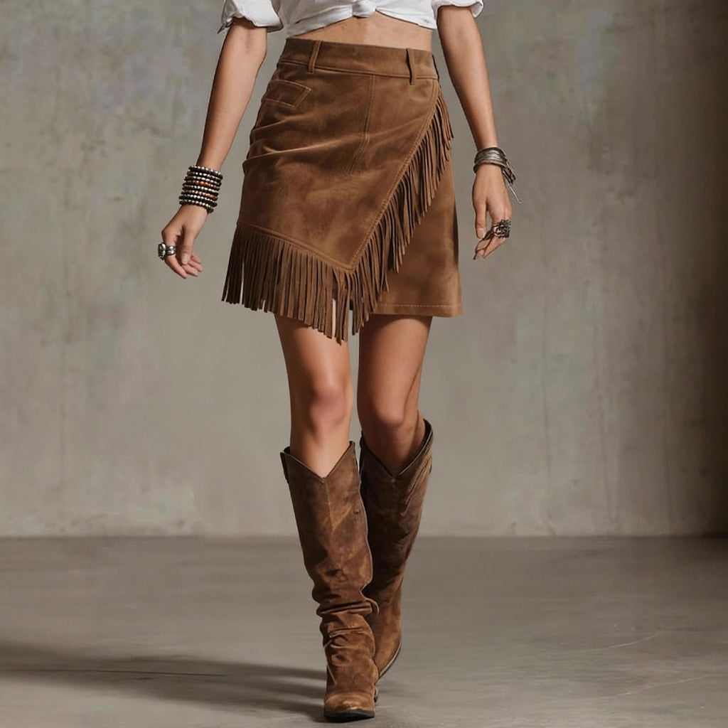 Women's Retro Western Suede Skirt - Tassel Bodycon Mini Skirt