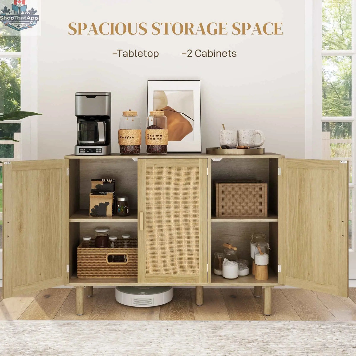SLOTH Nation Quinn Bohemian hallway cabinet with 3 rattan doors, 46.9-inch oak sideboard for stylish storage and decor.
