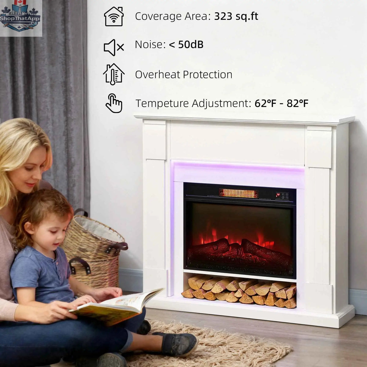 SLOTH Nation Aubrey 41-inch white electric fireplace with mantel and adjustable 3D flame effect, ideal for home décor.