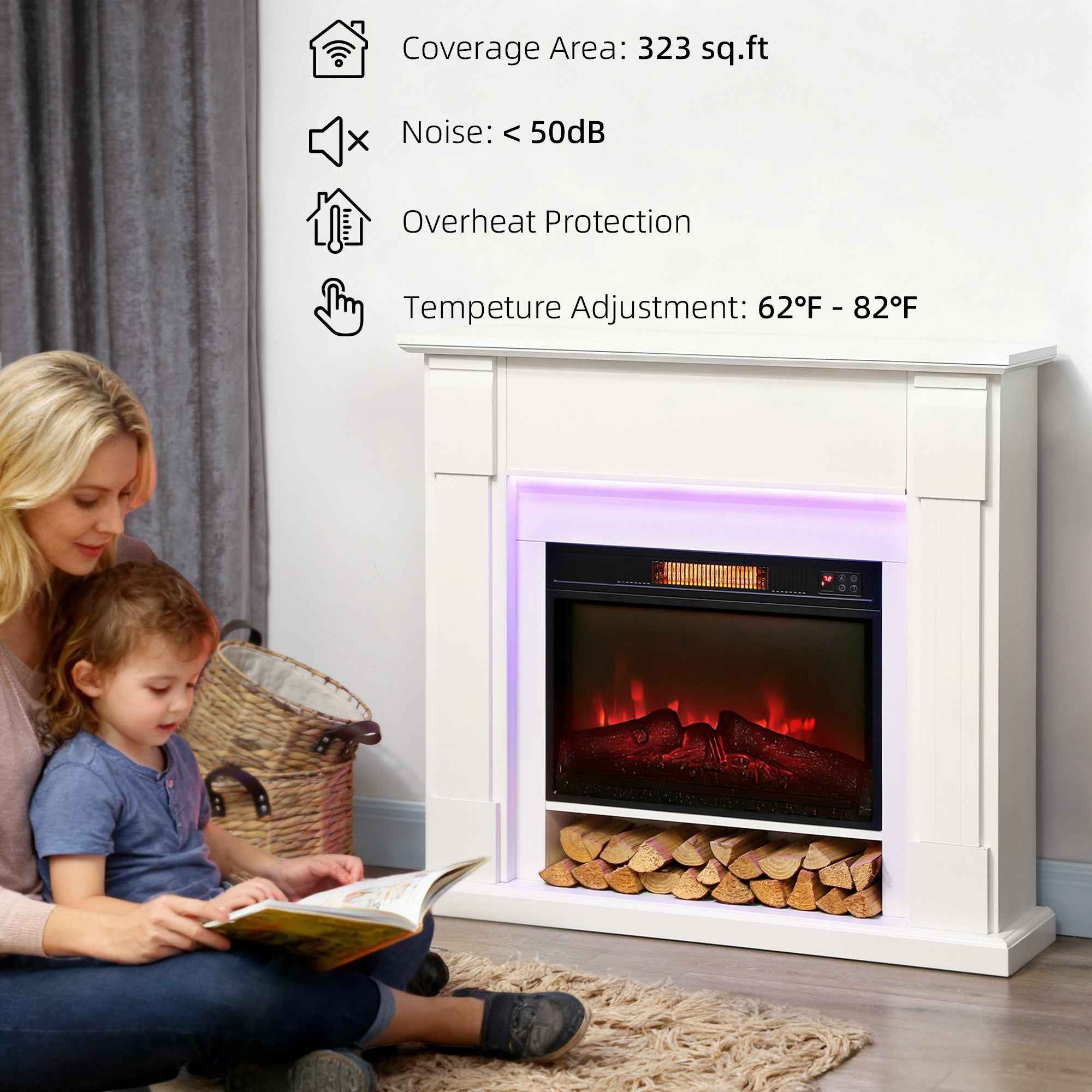 Aubrey 41" Electric Fireplace with Mantel and Adjustable 3D Flame Effect -White