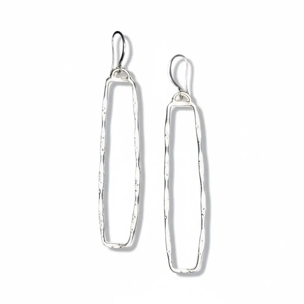 Rectangular silver drop earrings with an elegant silver plate design, displayed flat-lay showcasing their polished surface and geometric shape.
