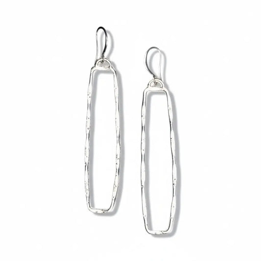 Rectangular silver drop earrings with an elegant silver plate design, displayed flat-lay showcasing their polished surface and geometric shape.