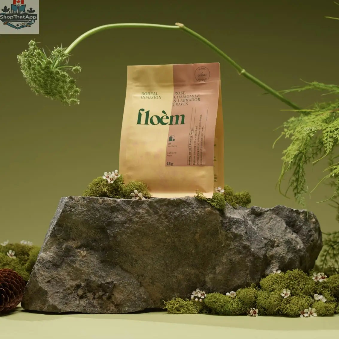 Pack of Floèm Tisane Rose Camomille infusion sachets with dried rose and chamomile leaves for relaxation and well-being.