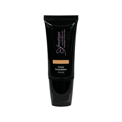 FencyGrace Vegan Miel 114 full coverage foundation in a sleek bottle, showcasing its creamy texture and warm honey shade.