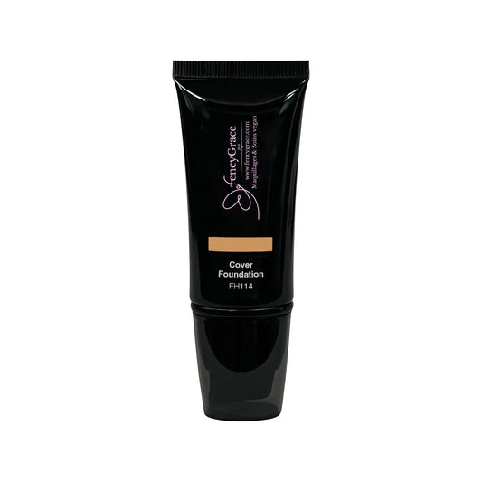 FencyGrace Vegan Miel 114 full coverage foundation in a sleek bottle, showcasing its creamy texture and warm honey shade.
