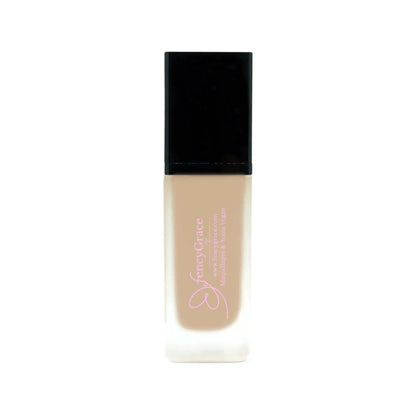 Vegan hydrating foundation by FencyGrace Lea, high-end beauty makeup product in a sleek tube, suitable for radiant skin.