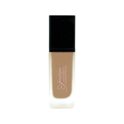 Vegan hydrating foundation by FencyGrace with luminous finish, available in multiple shades, shown in a sleek bottle.