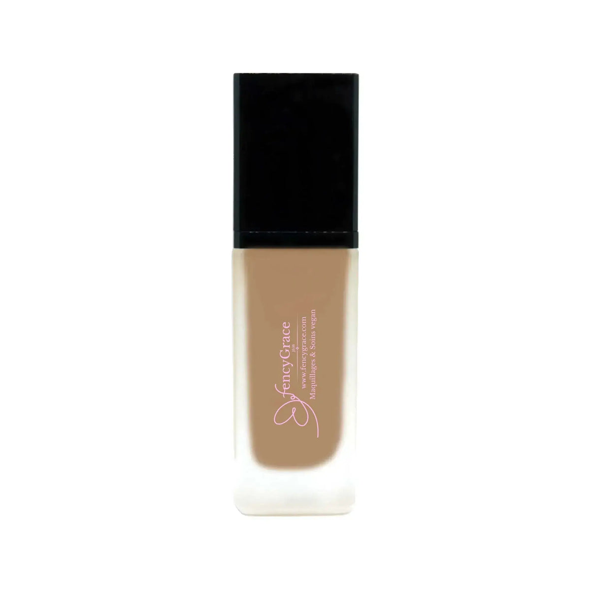 Vegan hydrating foundation by FencyGrace, high-end makeup product in a sleek bottle, suitable for natural, radiant skin.