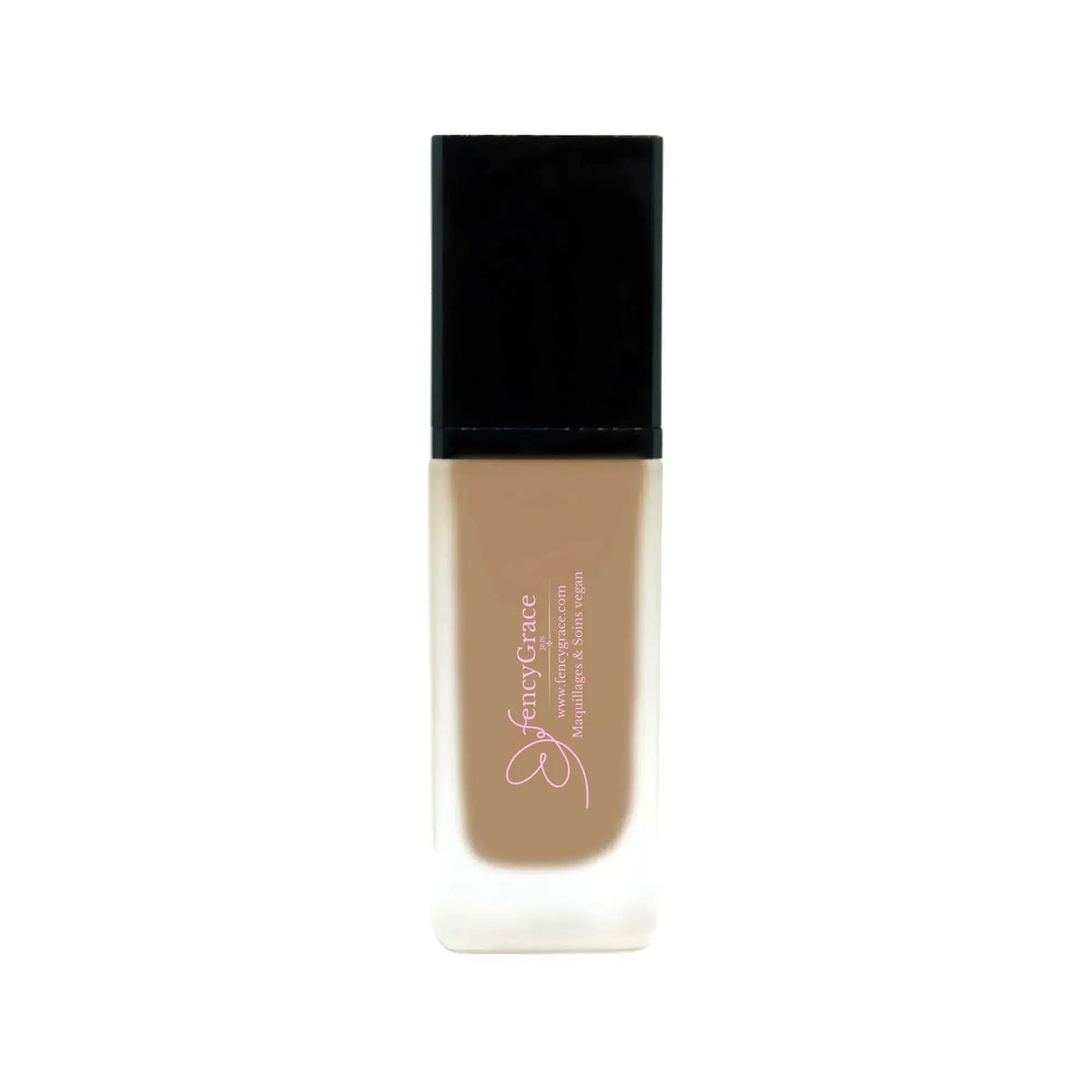 Vegan hydrating foundation by FencyGrace with luminous finish in multiple shades, displayed in a sleek tube with applicator.