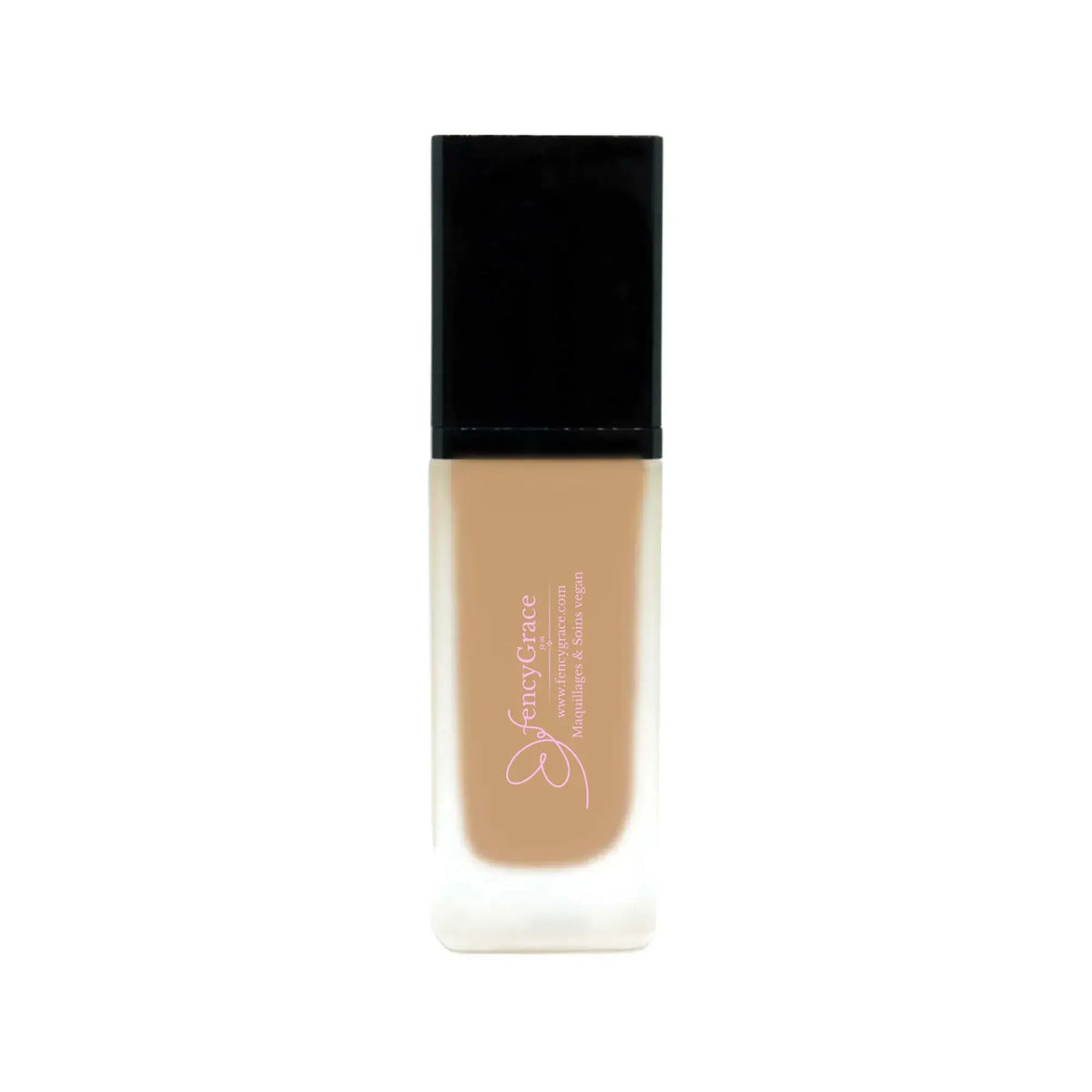 FencyGrace vegan hydrating foundation, high-end makeup product for radiant skin, in a sleek bottle with a pump dispenser.