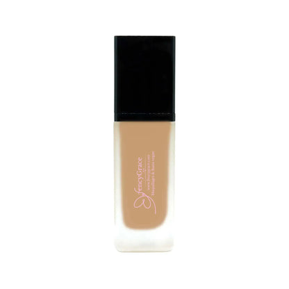 FencyGrace vegan hydrating foundation, high-end makeup product for radiant skin, in a sleek bottle with a pump dispenser.