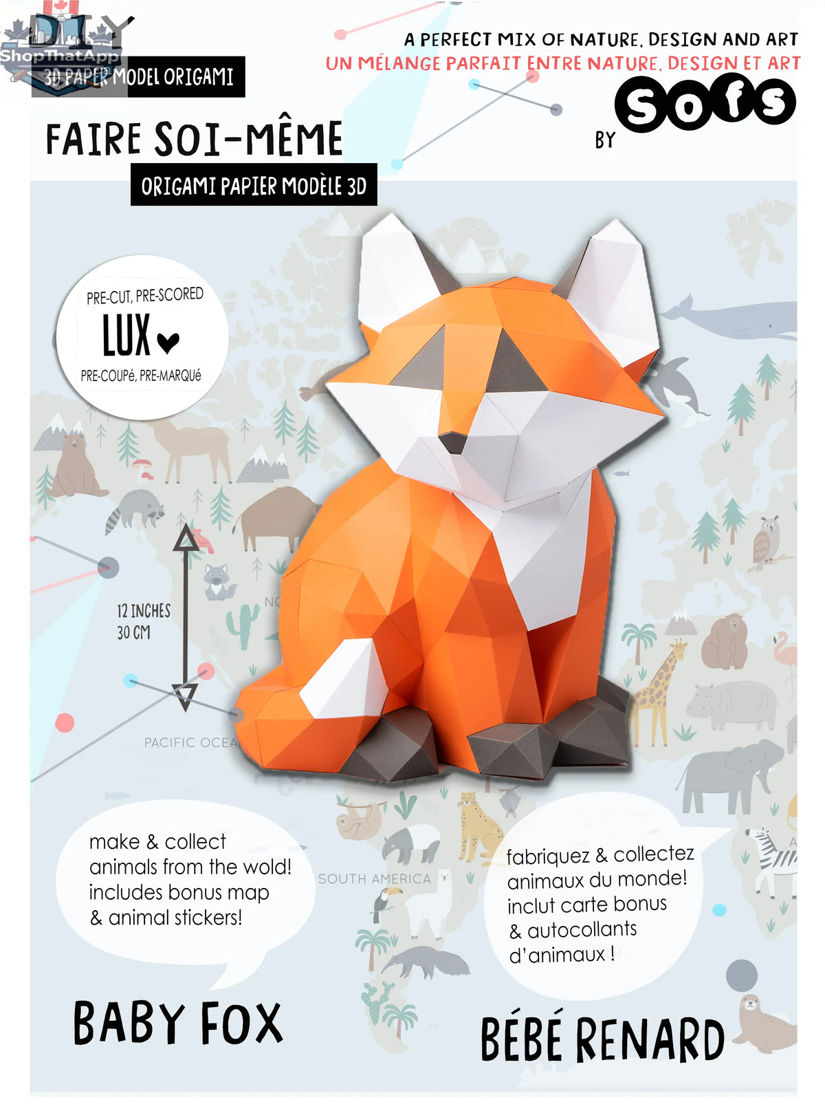 Sofa Lifestyle DIY baby fox origami kit featuring a 3D paper model craft with detailed paper folds and colorful fox design.