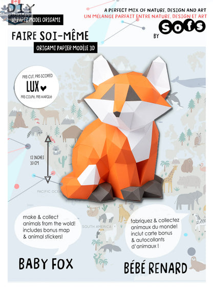 Sofa Lifestyle DIY baby fox origami kit featuring a 3D paper model craft with detailed paper folds and colorful fox design.