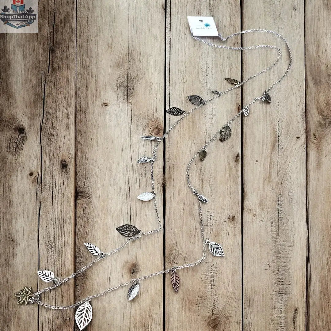 Waterfall Leaf Necklace – Long Layering Chain with Cascading Silver & Mixed Metal Leaves - Shopthatapp.ca