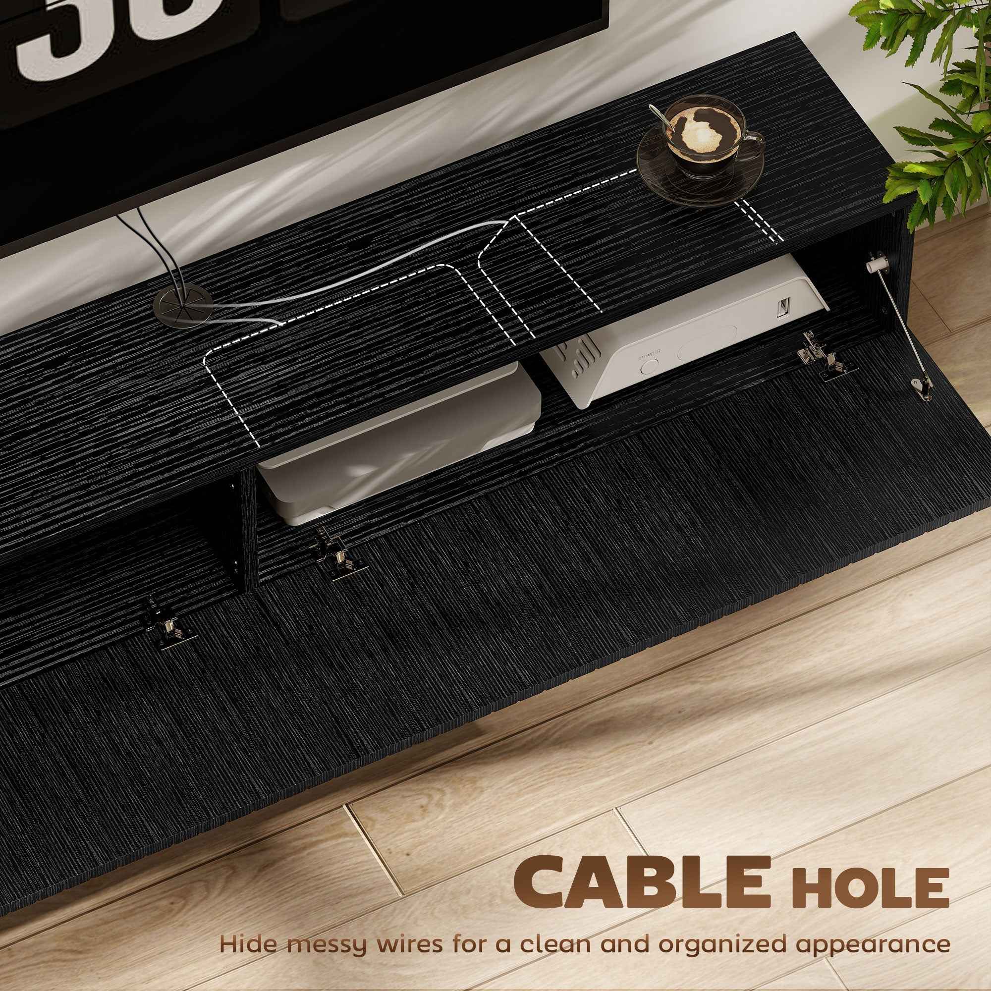 Jesse 55" Floating TV Stand with 2 Fluted Flip-Down Doors for TVs up to 72"-Black