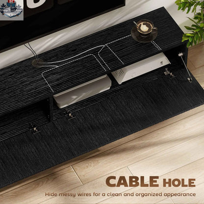 Black Jesse 55-inch floating TV stand with flip-down doors, designed for TVs up to 72 inches, by SLOTH Nation.