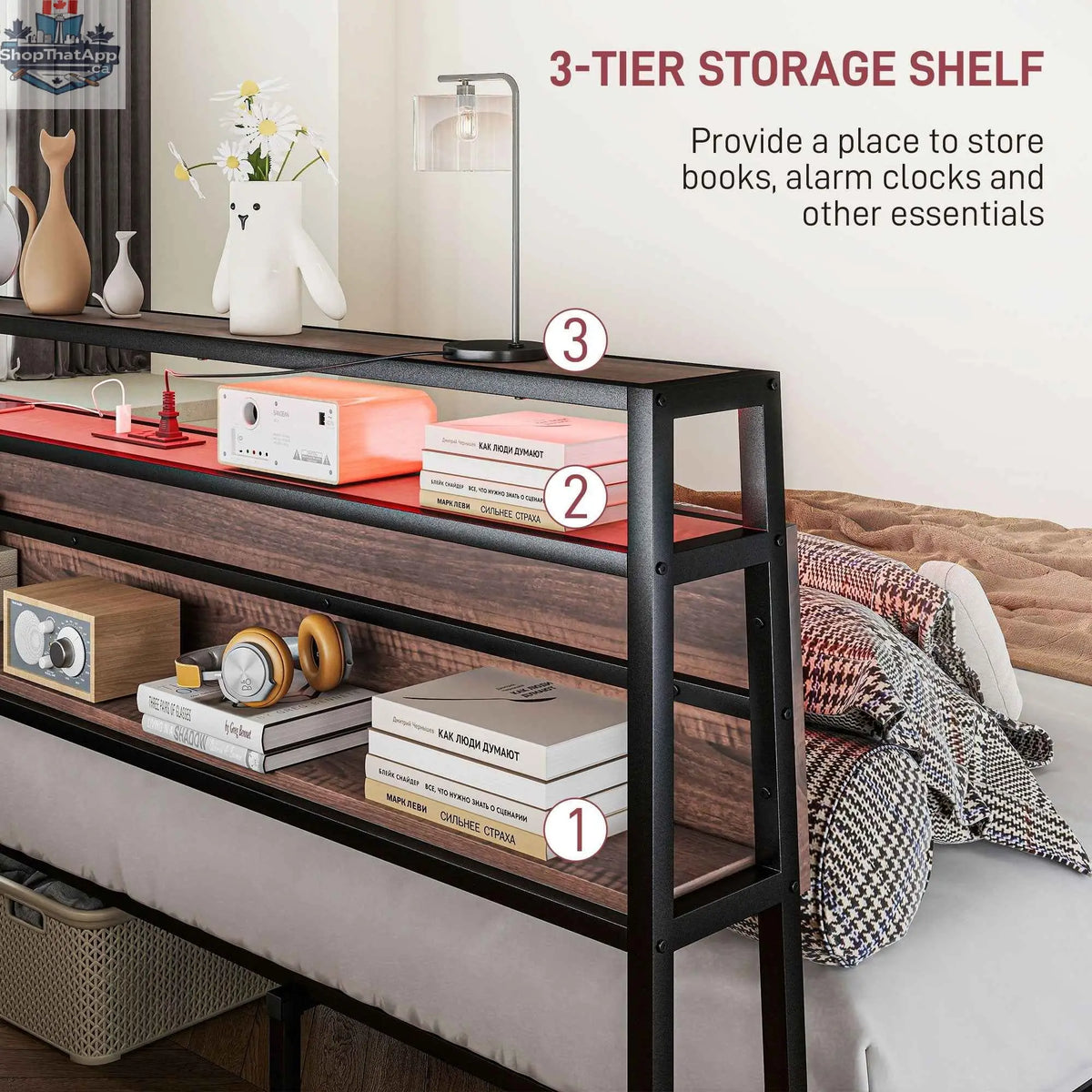 SLOTH Nation Logan queen size bed frame with integrated LED lights, featuring a modern design and sturdy wooden construction.
