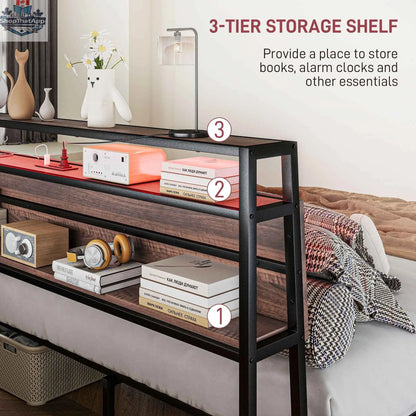 SLOTH Nation Logan queen size bed frame with integrated LED lights, featuring a modern design and sturdy wooden construction.