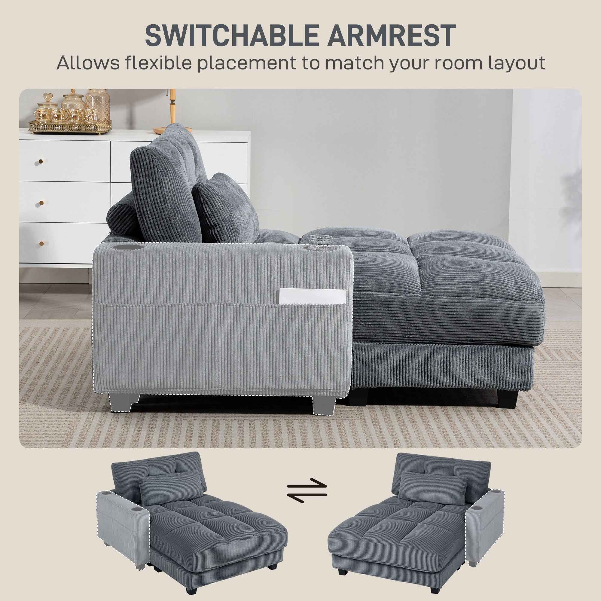 Andi Corduroy Chaise Lounger with 2 Cup Holders-Dark Grey