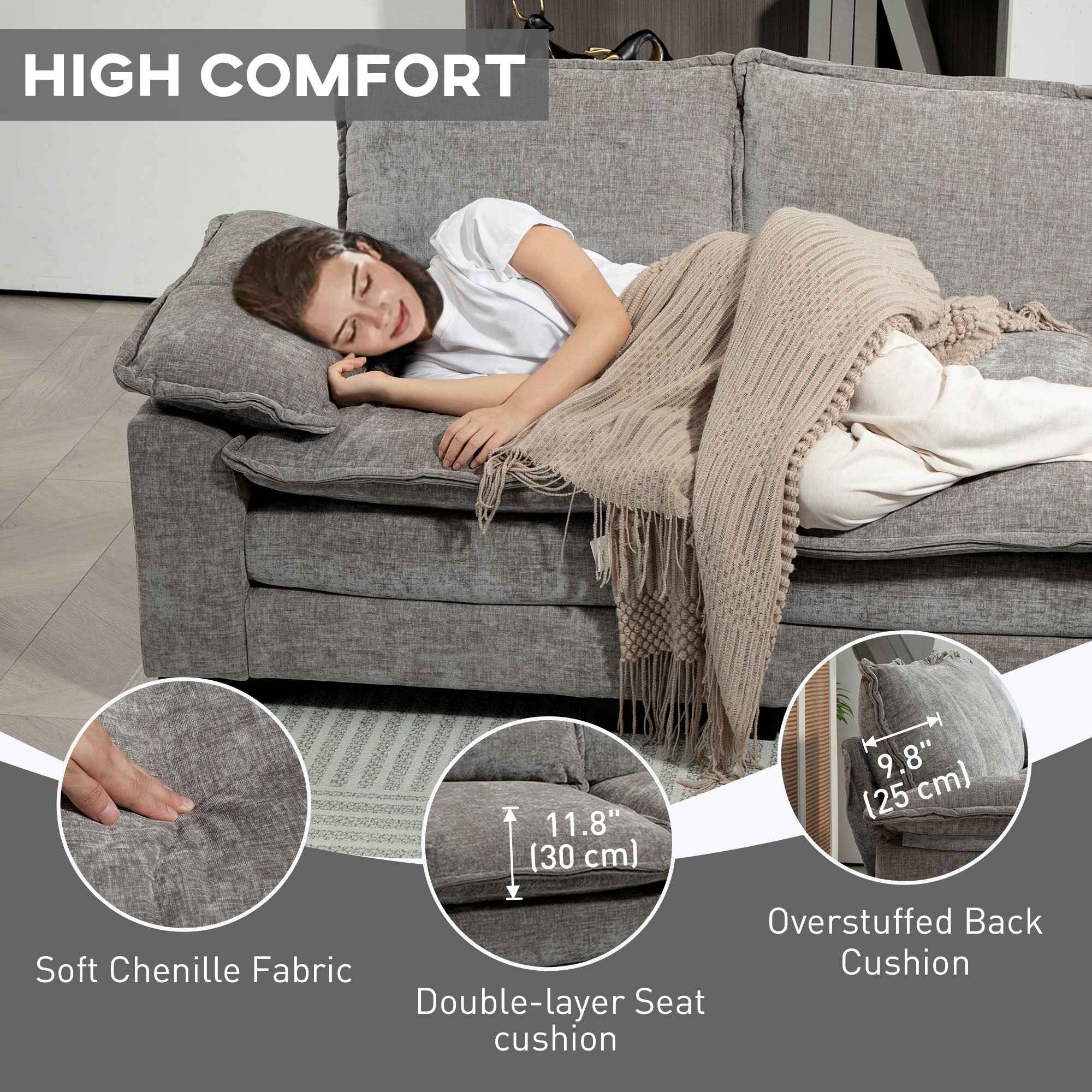 GABI Right Hand Facing Sectional with Chaise Lounge-Grey