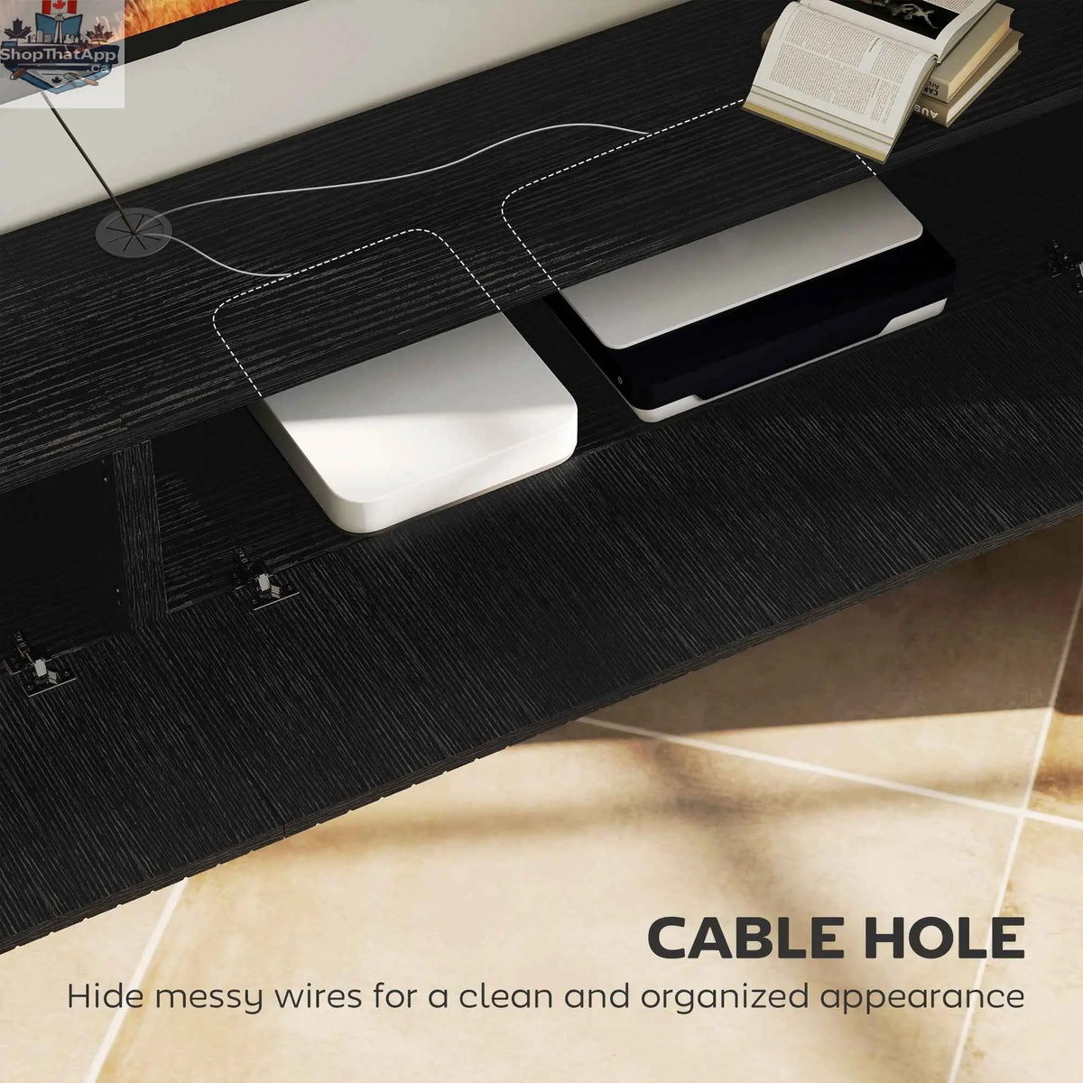 Black Jesse floating TV stand by SLOTH Nation with 71-inch length, two fluted flip-down doors, suitable for TVs up to 75 inches.