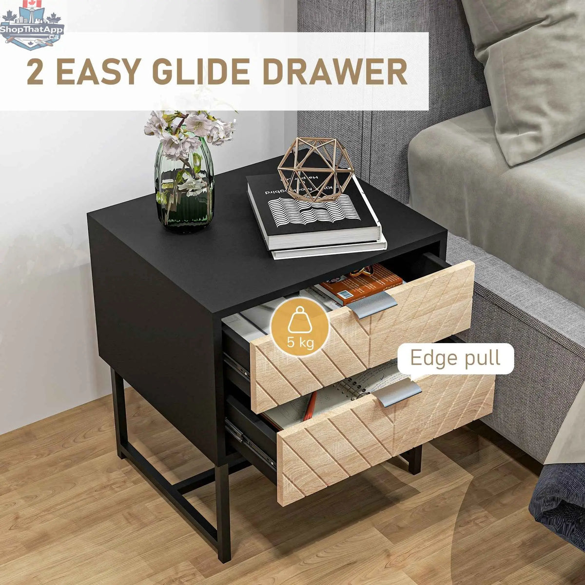 Modern black and oak bedside table with drawers and steel legs, bedroom furniture by SLOTH Nation