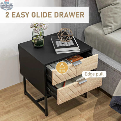 Modern black and oak bedside table with drawers and steel legs, bedroom furniture by SLOTH Nation