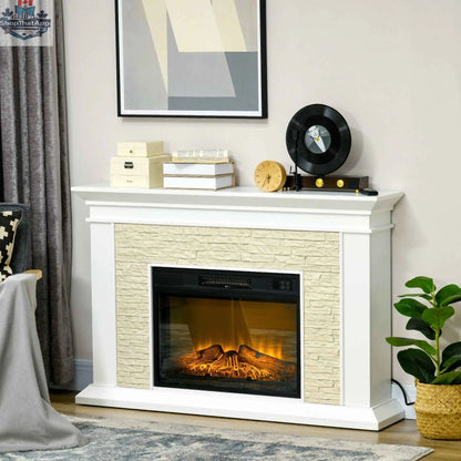 White Archie 31.5-inch electric freestanding fireplace with mantel by SLOTH Nation, featuring overheat protection and realistic flame display.