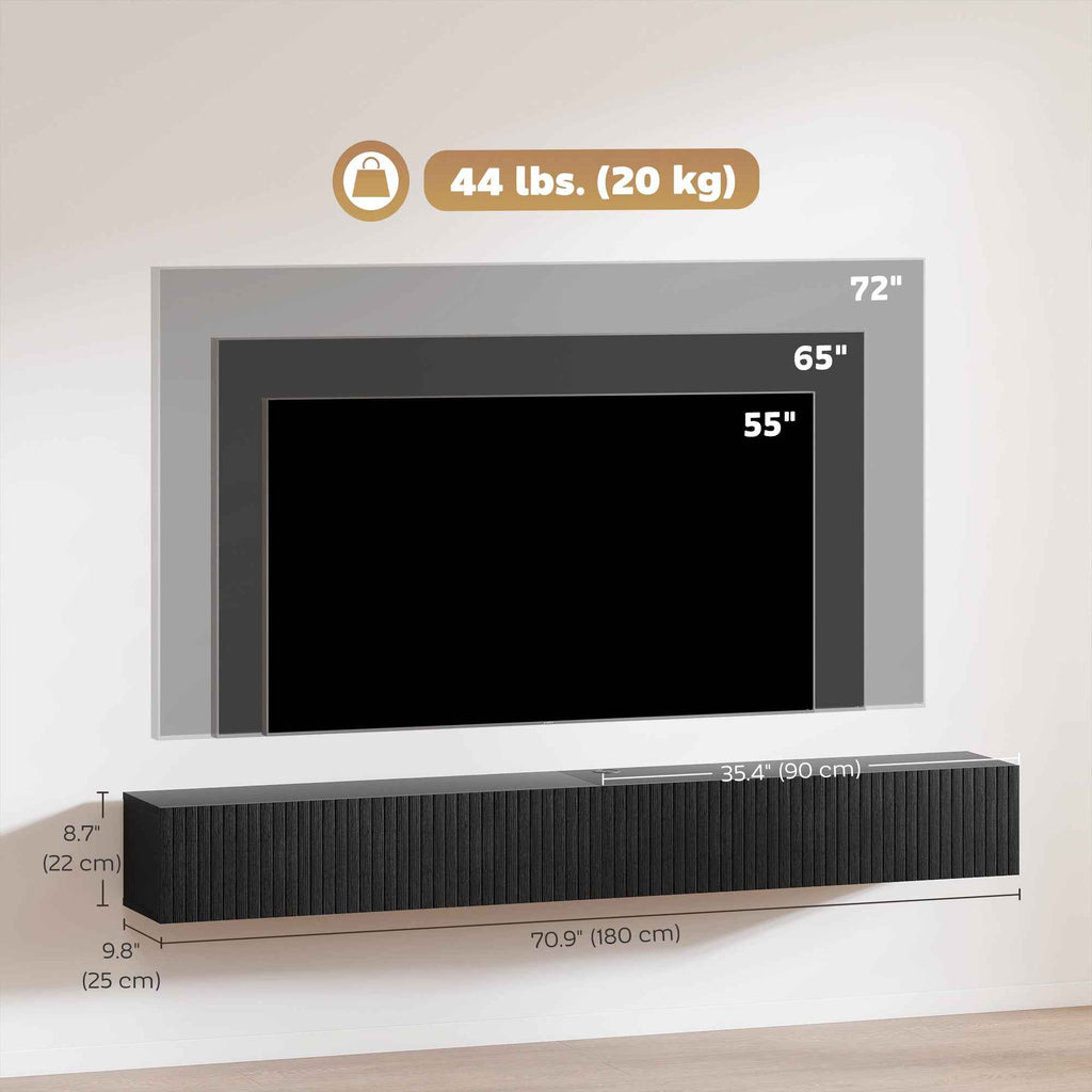 Jesse 71" Floating TV Stand with 2 Fluted Flip-Down Doors for TVs up to 75"-Black