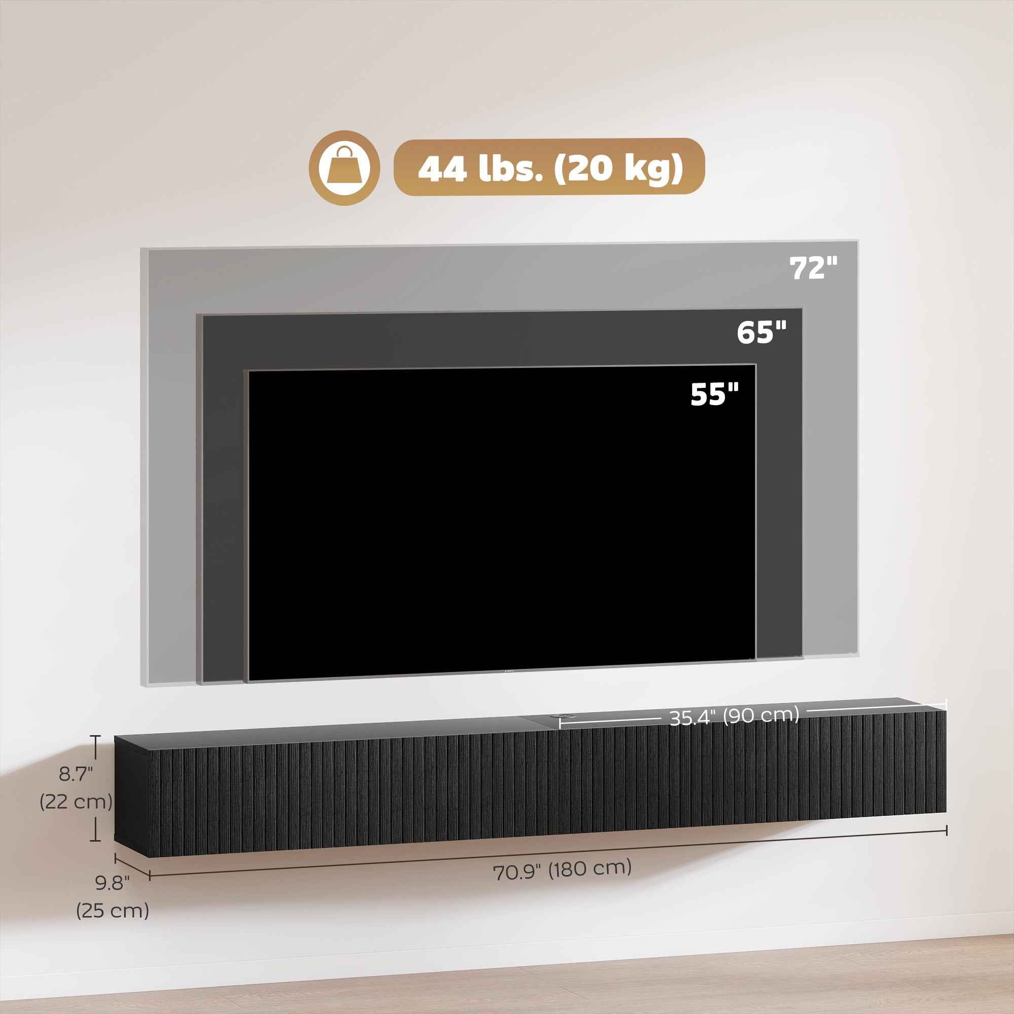 Jesse 71" Floating TV Stand with 2 Fluted Flip-Down Doors for TVs up to 75"-Black