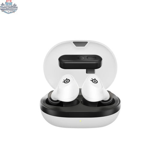 SteelSeries Arctis GameBuds for PS5 in pearly white, wireless gaming earphones with sleek design and comfortable fit.