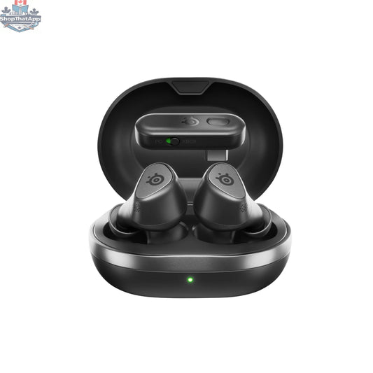 SteelSeries Arctis Xbox gaming earbuds in black, showing in-ear design with microphone and sleek black finish for immersive gaming sound.