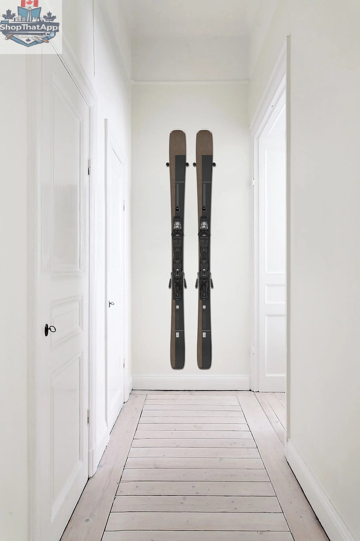 Ghost Mounts ski wall mount hanger with minimal design and military-grade rubber for secure ski storage.