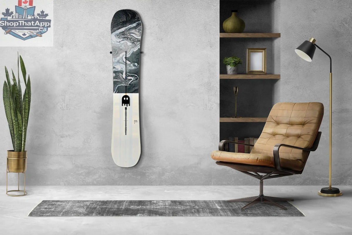 Ghost Mounts snowboard wall mount hanger with minimal design and military-grade rubber for secure, stylish snowboard storage.