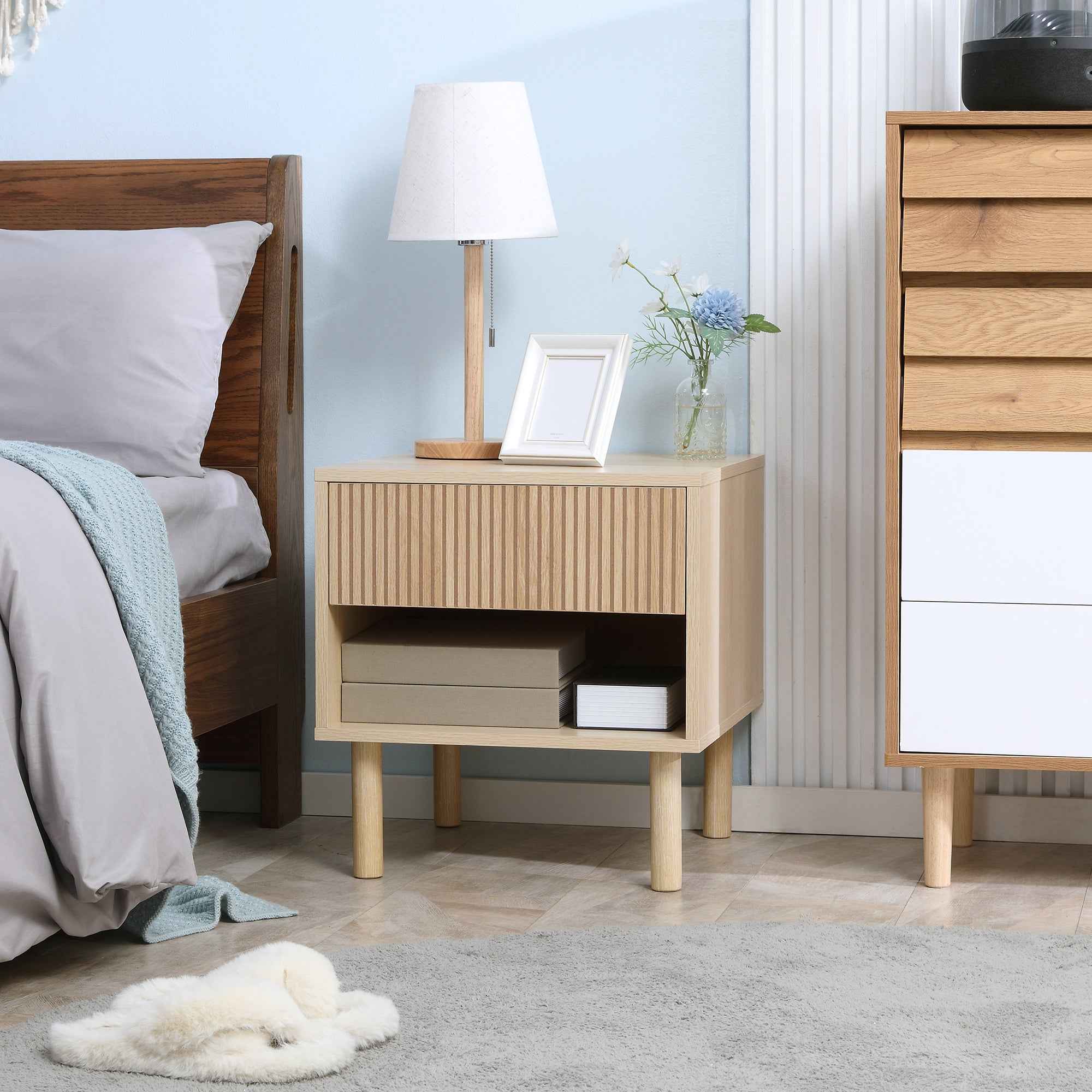 Laura Modern Bedside Table with Drawer and Open Shelf-Natural Wood