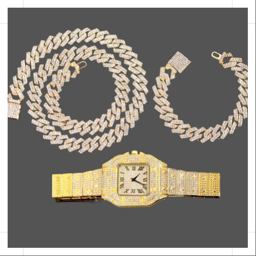 Elevate Your Style with Our Gold Cuban Link Jewelry Set - 14MM Bracelet, Chain & Watch