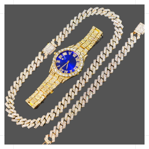 Elevate Your Style with Our Gold Cuban Link Chain Bracelet and Blue Face Watch