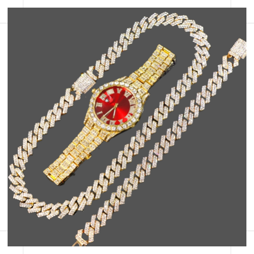 Elevate Your Style with the Gold Cuban Link Chain Watch – 14MM Bracelet with Red Face
