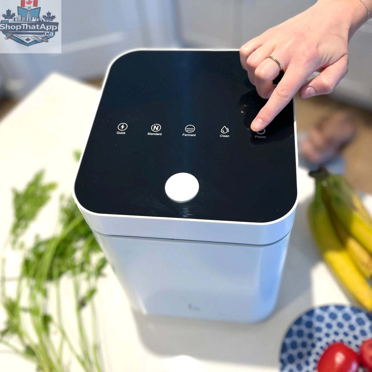 Green Experience GE kitchen composter with a compact design and lid for easy composting in the kitchen.