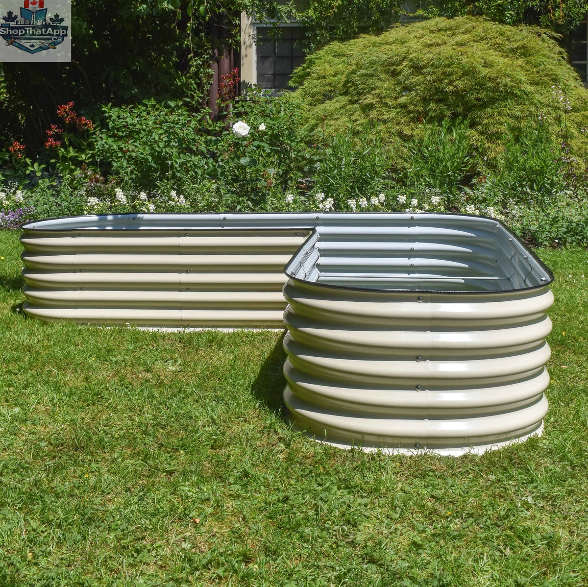 Green Experience 17-inch tall L-shape modular garden bed kit with wooden panels for outdoor planting and gardening.