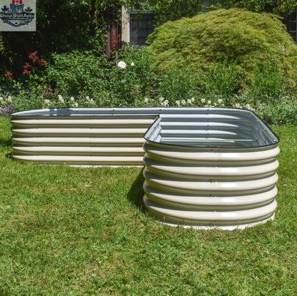Green Experience 17-inch tall L-shape modular garden bed kit with wooden panels for outdoor planting and gardening.
