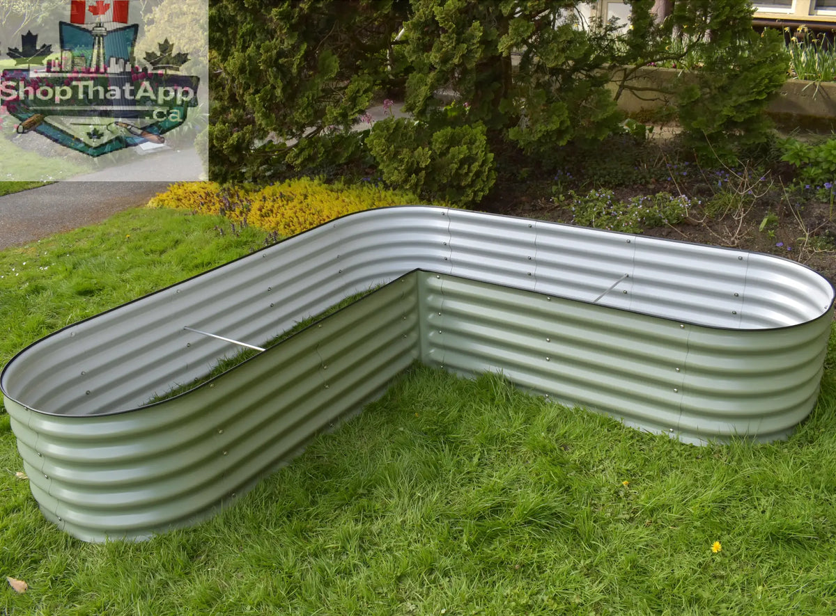 Green Experience 17-inch tall L-shape modular garden bed kit with planters, ideal for customizable garden arrangements.