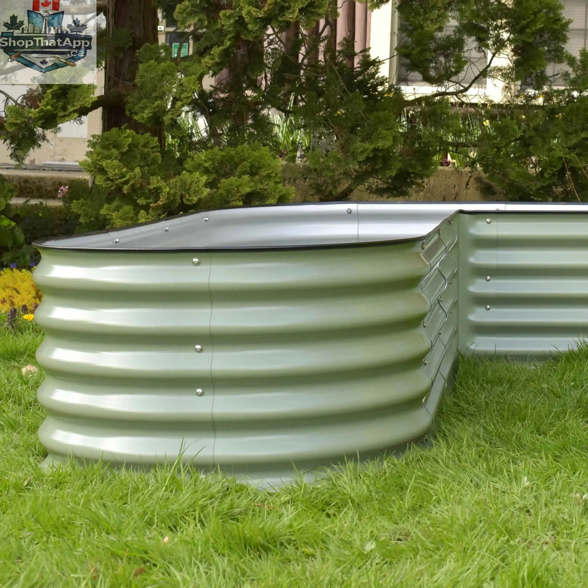 Modular green garden bed kit from Green Experience, 17 inches tall L-shape garden bed for outdoor gardening in Canada.