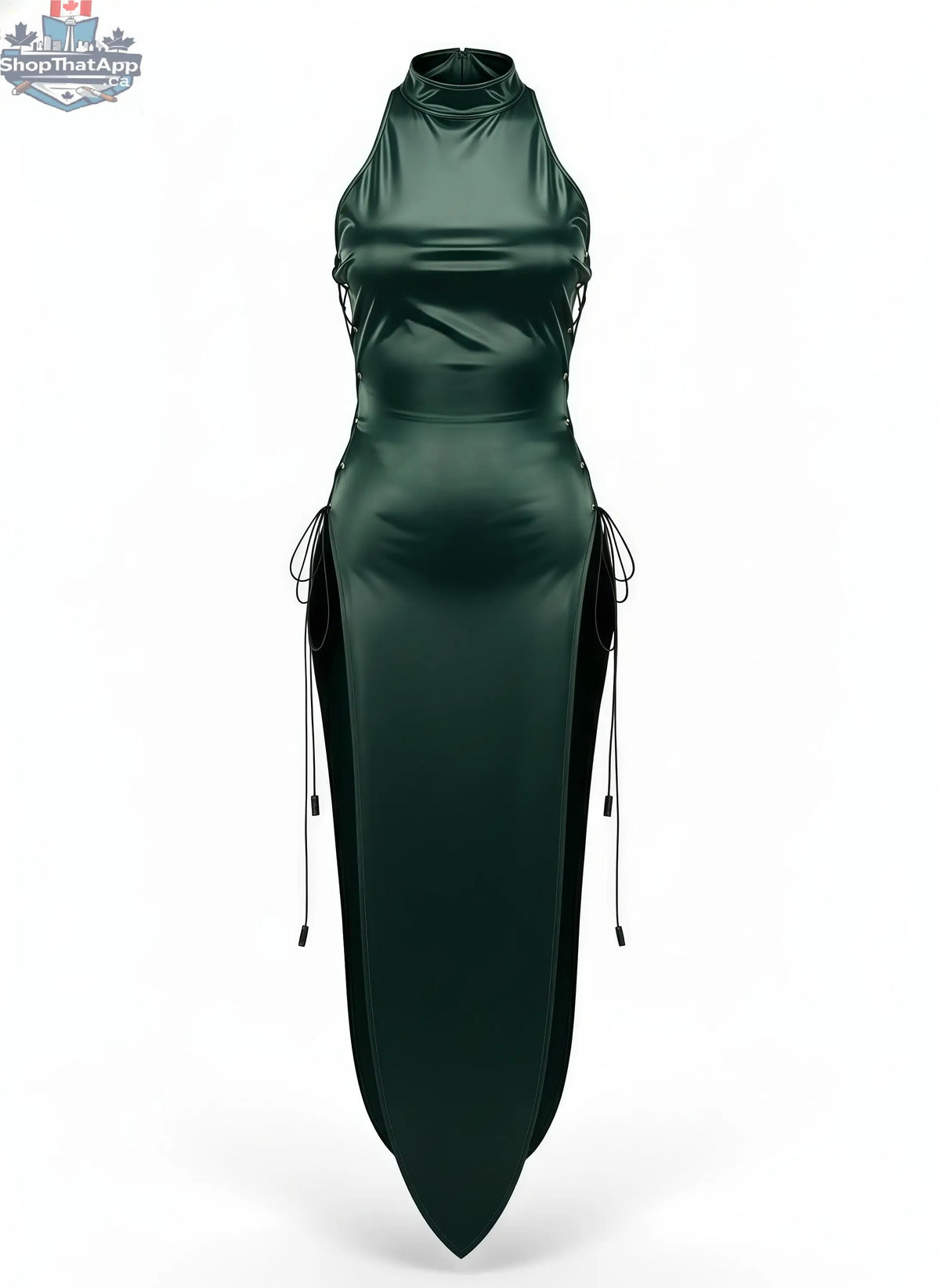 Green vintage cheongsam lingerie satin and PU leather sexy party dress by MRJCOS, featuring a fitted silhouette and elegant design.