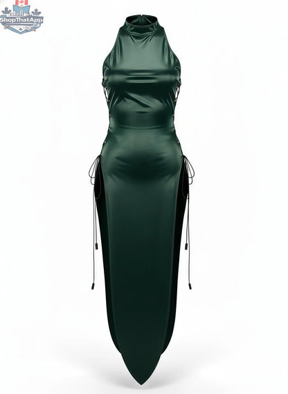 Green vintage cheongsam lingerie satin and PU leather sexy party dress by MRJCOS, featuring a fitted silhouette and elegant design.