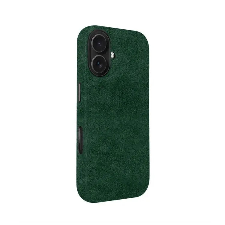 Green Alcantara iPhone 16 case by Carbon Loom shown from side view, offering stylish protection for the latest iPhone model.